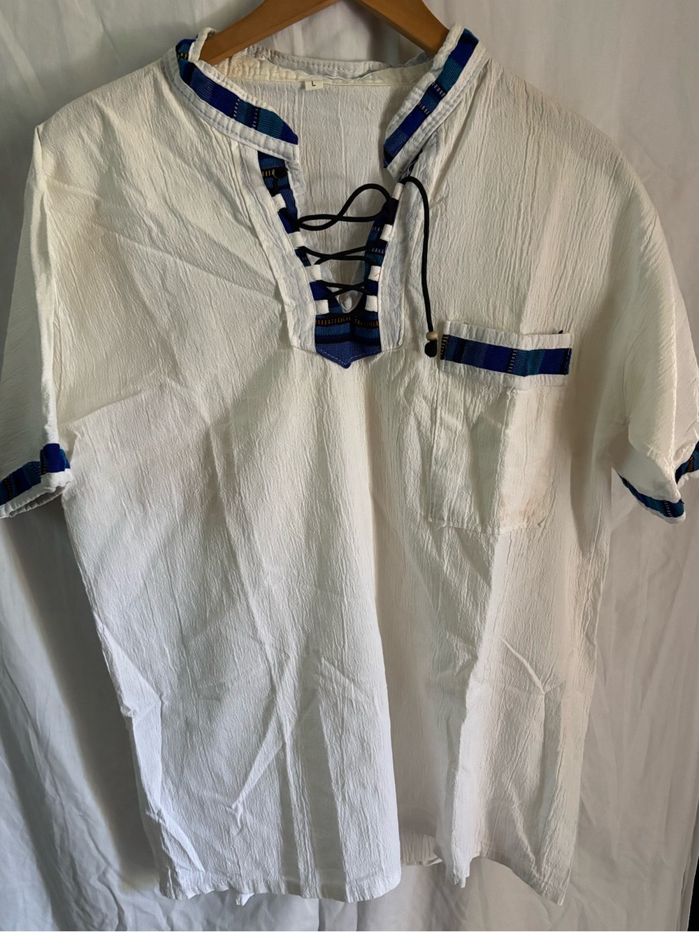 Men's White Short-Sleeve Popover Shirt with Blue Trim